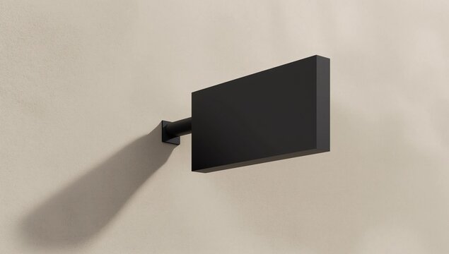 rendering of a rectangular matte black wall-mounted sign attached with a slim black bracket 
