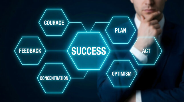 Businessman contemplating a glowing digital success diagram with key elements like plan act and cour
