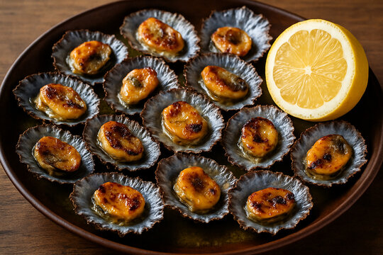 Grilled limpets served with lemon stock photo 