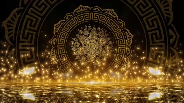 Majestic Golden Mandala Ornament with Glowing Butterflies and Reflective Water