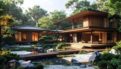 Obraz premium Architectural rendering of a modern Asian-inspired house in a lush, meticulously landscaped garden