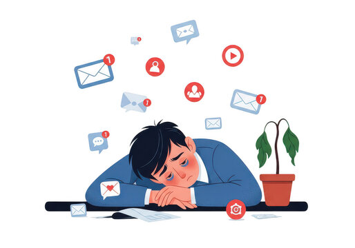 Person overwhelmed by multiple digital notifications and messages on a laptop isolated on transparent background