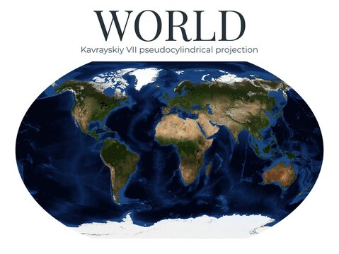 World Map in Kavrayskiy VII pseudocylindrical projection. High-detail physical map of Earth. June View. Elements of this image furnished by NASA.