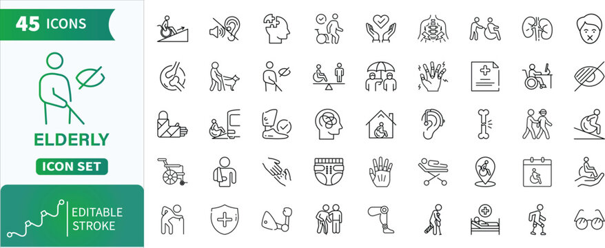 Elderly care icon set . Set of editable stroke icons representing elderly care, disability, and accessibility concepts