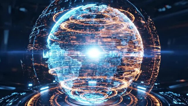 A glowing blue and orange sphere with swirling patterns and bright light