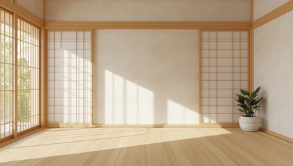 Fototapeta premium room empty with Tatami mats and paper sliding doors called Shoji on room zen style.3D rendering
