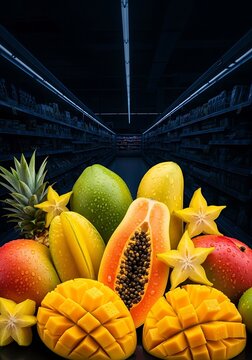 Vibrant tropical fruits arrangement in a dark warehouse
