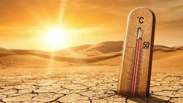 Heat stroke summer outdoor exhaustion dehydration fatigue danger risk emergency signals, desert thermometer cracked soil hot sun warning high temperature, cracked earth extreme warming health