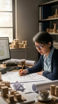 Senior Asian female architect working on residential floor plans in home office studio