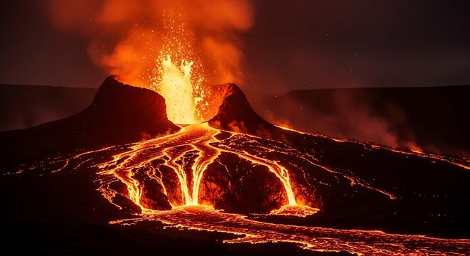 A large volcanic eruption with lava flowing down the side of a mountain