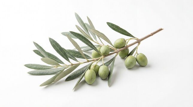A fresh green olive branch with several small unripe olives attached to the woody stem foliage