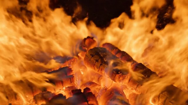 Intense orange-yellow flames devour a charred wooden log in a dark environment, captured in a dramatic close-up fire scene