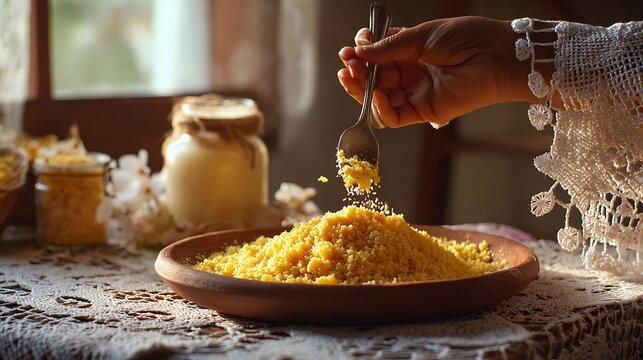 Northeastern Brazilian kitchen photography, hands using metal fork to fluff yellow spongy couscous just out of traditional aluminum couscoussier