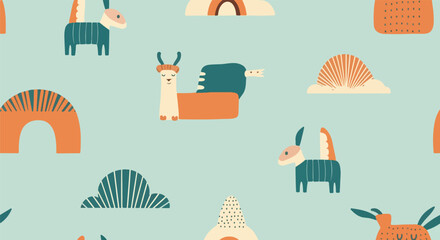 A whimsical, flat illustration of repeating cartoon creatures and shapes © Dahlan
