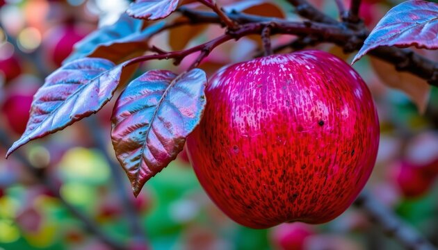 Ripe Red Apple with Metallic Leaves Vibrant Surreal Scene