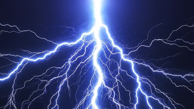 Powerful and energetic blue electric lightning bolts flashing and striking in a zig-zag pattern across a dark sky or background
