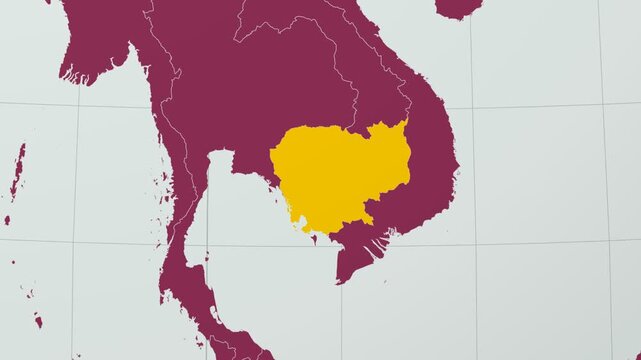 Cambodia map. Animated zoom into the country on the Globe in Pale Mint Dark Pink color palette. Country logo animation with round text and airplanes. Map with meridians, parallels. Authentic video.
