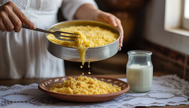 Northeastern Brazilian kitchen photography, hands using metal fork to fluff yellow spongy couscous just out of traditional aluminum couscoussier