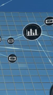 Node entering lower-left initiating chart and connecting lines on glass wall showing tech metrics