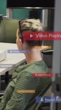 Vertical video: Blur moving revealing woman sitting in office, overlays piling, pizza box appearing