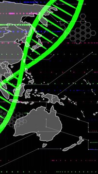 On play, neon-green helix shifting over Asia Oceania map, showing Australia as tech data streaming