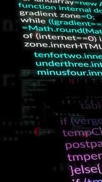 Vertical video: On play glowing code column scrolling, tilting and expanding to reveal functions