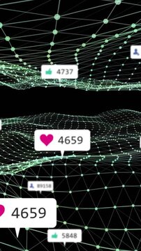Vertical video: Green mesh pulsing as incoming heart and thumbs-up labels updating social analytics