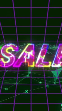Vertical video: Letter A emerging, SALE text forming and shifting closer over purple grid, retail