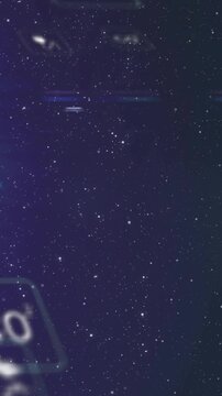 Vertical video: UI icons entering left and gliding over stars, forming orb splitting for tech HUD