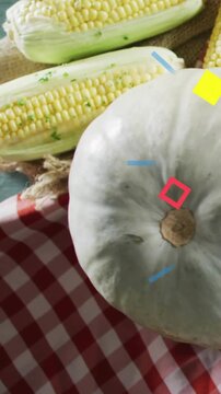 Vertical video: Cam zooming, squash shifting center while shapes popping onto corn, squash for food