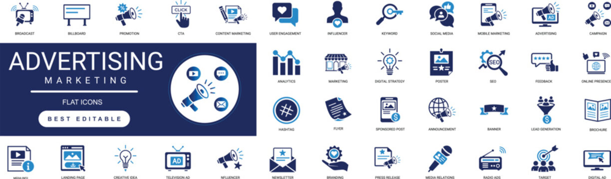 advertising and marketing solid icon set featuring campaign, promotion, megaphone, target, and digital media strategy editable vector illustration 