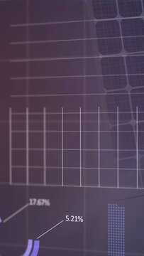 Vertical video: On purple fade HUD drawing gauge moving line growing bars tracking solar output