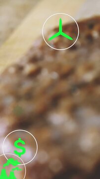 Vertical video: Beef patty, AR icons appearing, pulling camera back, highlighting price for food