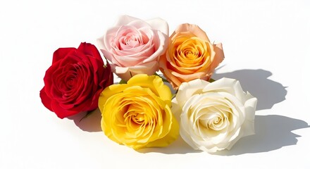 Naklejka premium Five colorful blooming rose flowers arranged on a white background