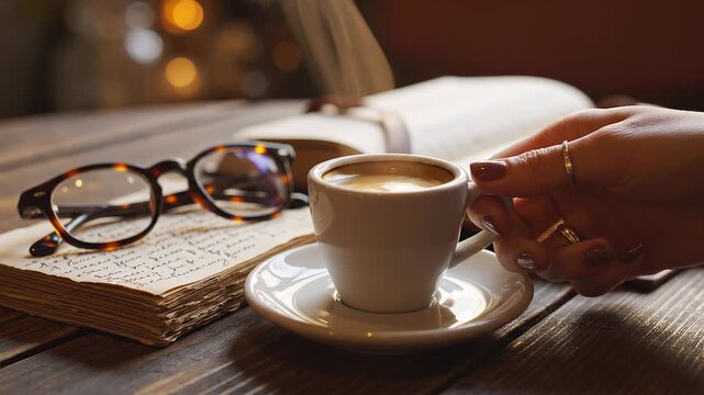 A cup of coffee with book and glasses on wooden table.