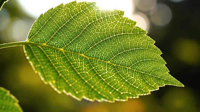 Vibrant green leaf from nature backlit by bright sun, showcasing intricate vein structure for advertising and ecological themes