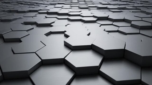 Endless matte black hexagonal tiles in staggered honeycomb array, low-angle view under dramatic overhead light, futuristic abstract graphic