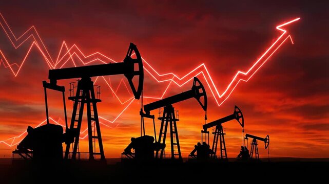Oil crisis global economy inflation shortage recession instability tension scarcity, oil pumpjack silhouette sunset with rising price chart, pumpjack rig silhouette red sky with falling chart concept