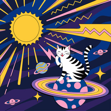 Black and white Cat in Space, clean vector file with each component on named layers.