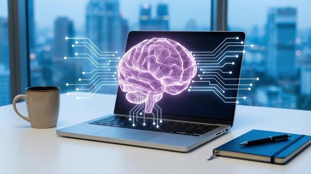 Hologram workspace smart innovation future technology intelligence virtual progress vision digital brain hologram above laptop desk workspace showing smart innovation and future technology