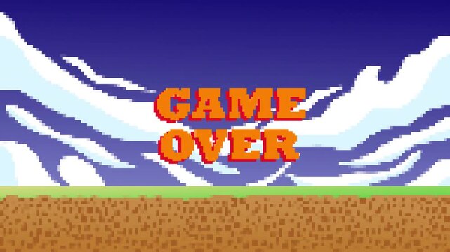 Retro 8 Bit Game Over Screen Animation with Pixel Art Background