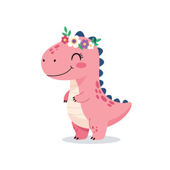 Naklejka premium Cute baby pink dinosaur cartoon character wearing a flower crown.