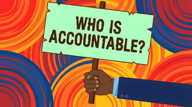 Hand holding sign with 'who is accountable' on colorful abstract background with swirling patterns