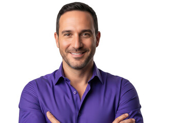 Fototapeta premium Professional man smiling in a purple striped shirt with short dark hair isolated on transparent background
