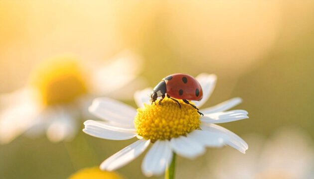 Ladybug on daisy flower close up