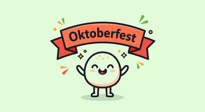 Cute Oktoberfest Mascot Character Holding Banner.