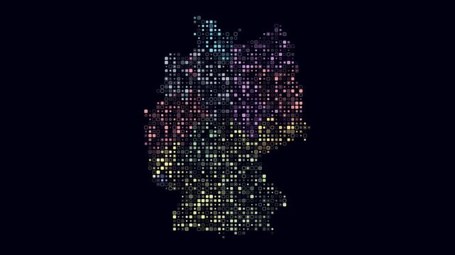 Germany map animation. Shape of the country with pulsating colored dots. Small size rounded square blocks. Digital style Germany map on dark background. Simple video.