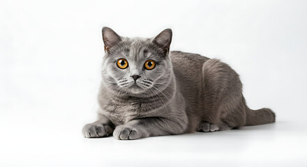 Fototapeta premium British Shorthair Cat Portrait Grey Fur Yellow Eyes Studio Shot.