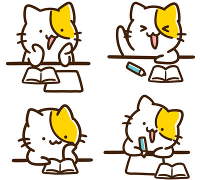 かわいいねこのキャラクターが学校の授業に参加している様子イラストセット