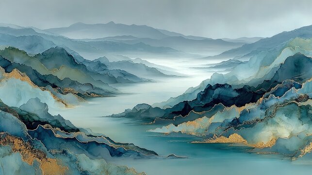 Matte mineral pigment gold leaf minimalist landscape expansive negative space gold rimmed mountains macro